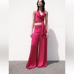 COPY - Zara hot pink satin flowy pants. Silky wide leg fuchsia trouser